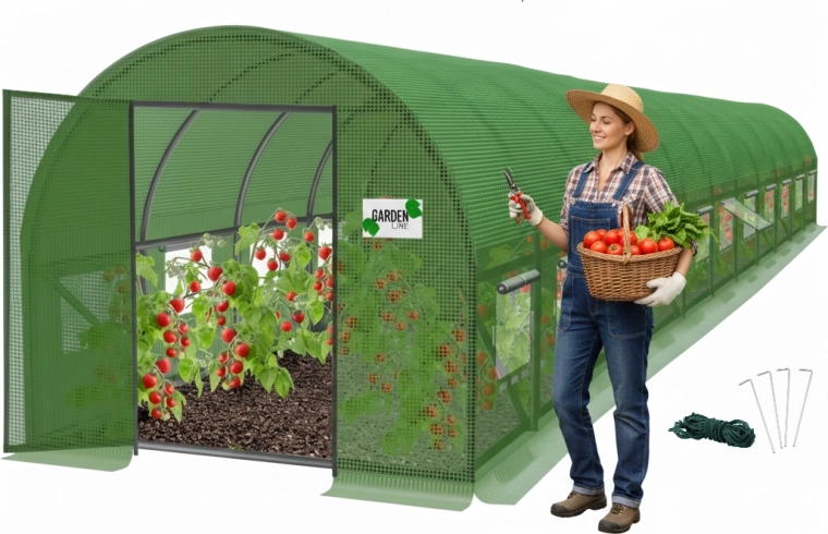 Solar de grădină din folie, 12 segmente, verde, 12 × 5 × 2 m, cu uși batante