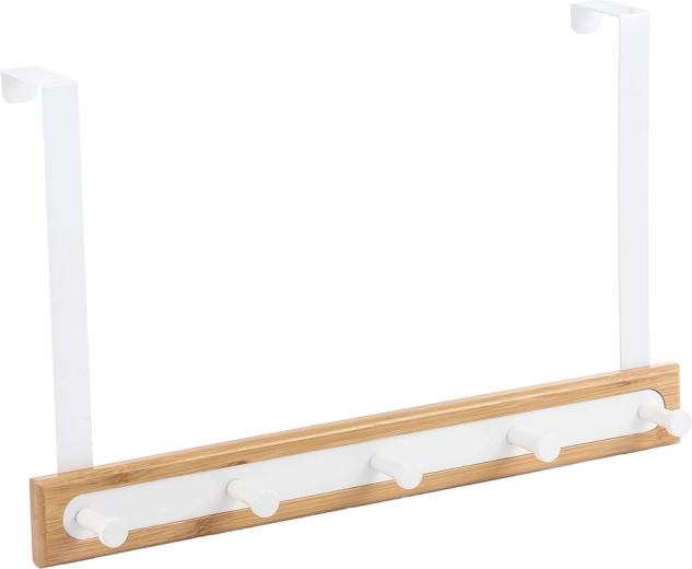 Cuier suspendat pentru ușă cu 5 cârlige, bambus/alb, 40 × 4,5 × 25 cm