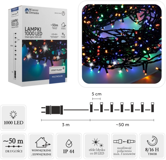 Lanț luminos LED de Crăciun 1000 diode multicolor cu flash alb rece 50 m (3 m cablu de alimentare) - 1 bucată