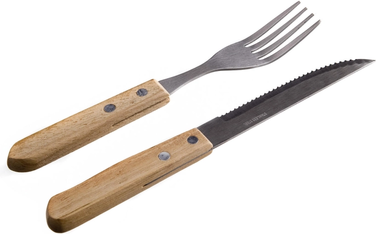 Set de tacâmuri pentru friptură PARTY din oțel inoxidabil cu mâner din lemn deschis (6+6 buc)