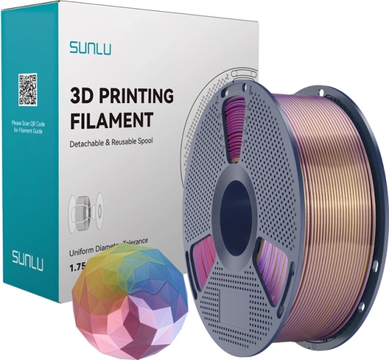 Sunlu PLA+ Silk filament în patru culori albastru–mov–roșu–auriu