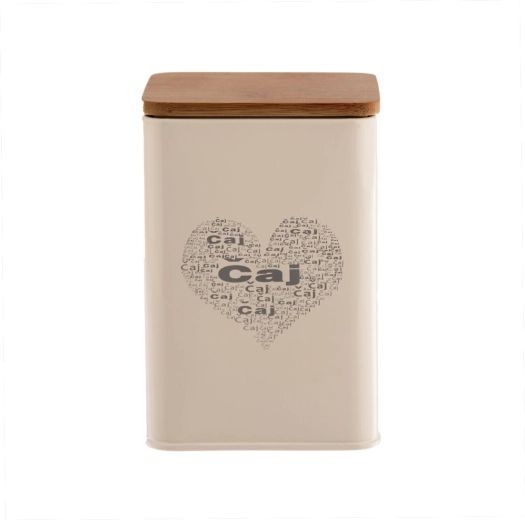 Cutie decorativă pentru ceai cu motiv „Ceai INIMĂ”, tablă și lemn, 14 cm