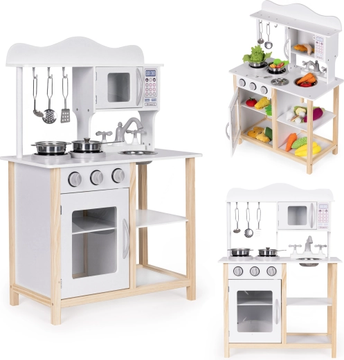 Bucătărie din lemn pentru copii cu cuptor și accesorii Ecotoys albă