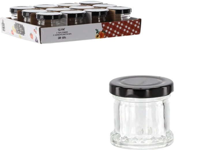 Borcan de sticlă 30 ml cu relief și capac metalic negru