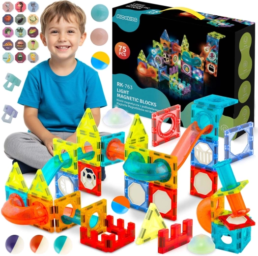 Ricokids set de construcție magnetic luminos – pistă cu bile XL (70+ piese)