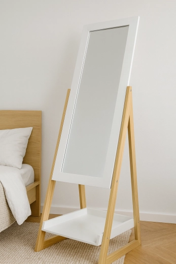 Oglindă de podea cu picioare din lemn și raft 40 × 36 × 150 cm