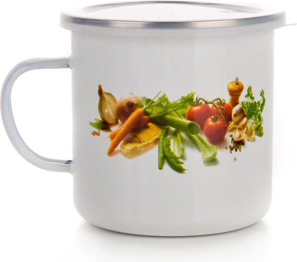 Cană emailată cu decor de legume 0,7 l cu capac din plastic