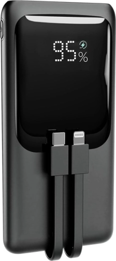 Baterie externă 10.000 mAh cu cabluri integrate, afișaj LCD și încărcare rapidă 20 W, neagră