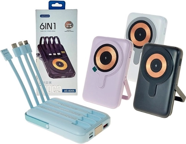 Powerbank 6-în-1 cu încărcare wireless 10.000 mAh și cabluri integrate