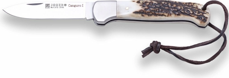 Joker Canguro cuțit de buzunar de vânătoare 8,5 cm, corn, șnur din piele