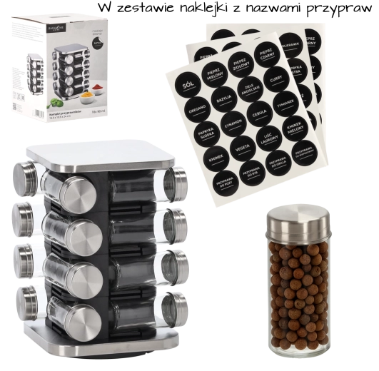 Suport pătrat rotativ pentru condimente 15,5 × 15,5 × 24 cm cu 16 borcane de sticlă, negru‑argintiu