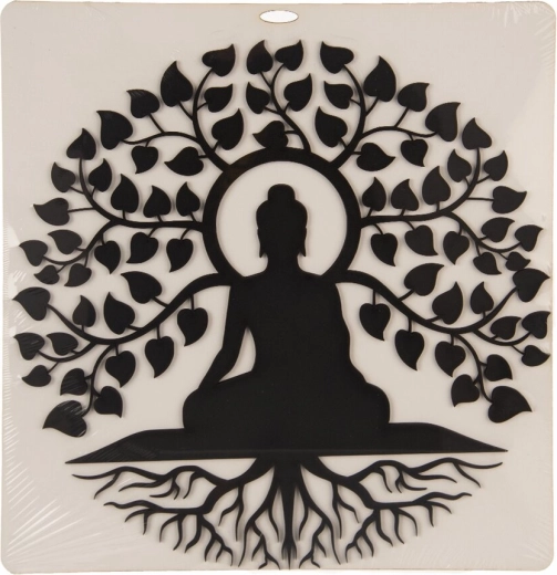 Decorațiune de perete din lemn Buddha și Arborele Vieții, neagră, 35 × 35 cm
