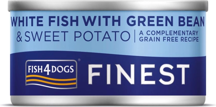 Conservă pentru câini cu pește alb, cartofi dulci și fasole verde FISH4DOGS 85 g
