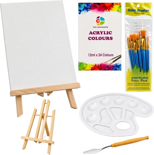 Set de pictură cu șevalet de masă, 12 pânze și 24 de culori acrilice