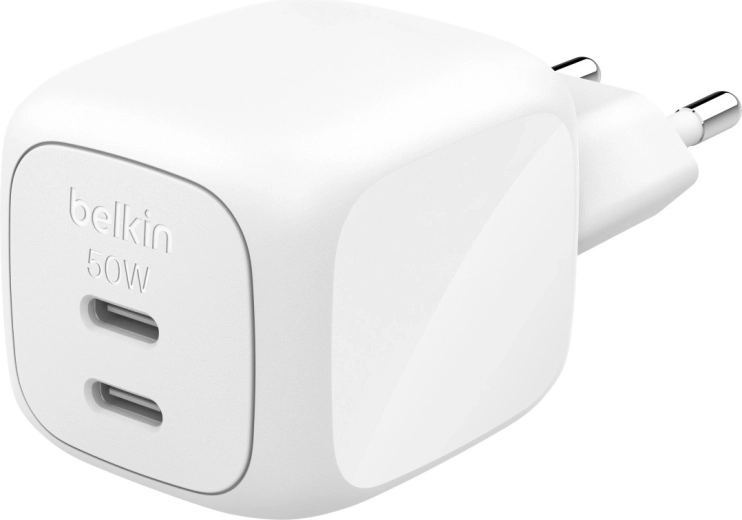 Încărcător de rețea GaN alb, de 50 W, cu 2× USB-C