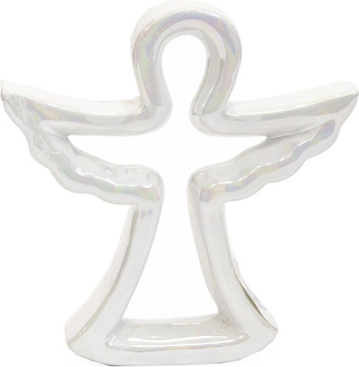 Înger decorativ din ceramică, alb perlat, 21 cm
