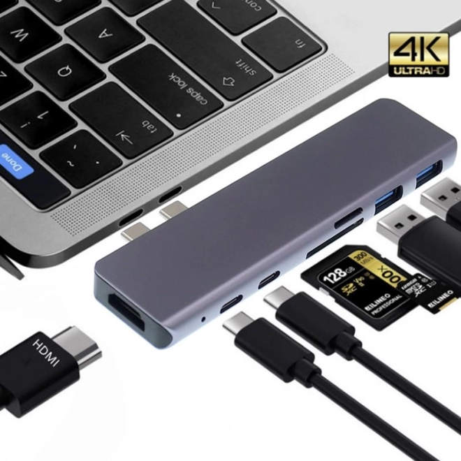 Adaptor 7‑în‑1 HUB USB‑C HDMI 4K SD pentru MacBook Pro / Air - Gri