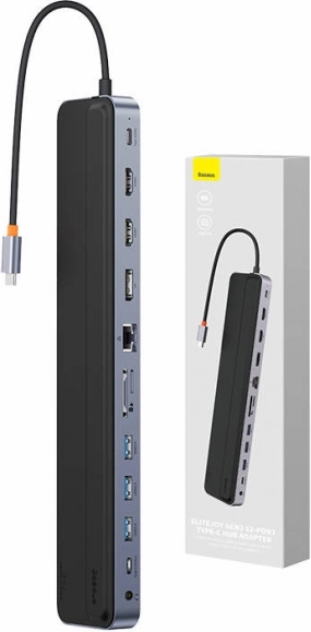 Hub USB‑C 12‑în‑1 BASEUS EliteJoy Gen2 cu 2× HDMI, DP, 3× USB 3.0, PD 100 W, RJ45 și cititor SD/TF (gri închis)