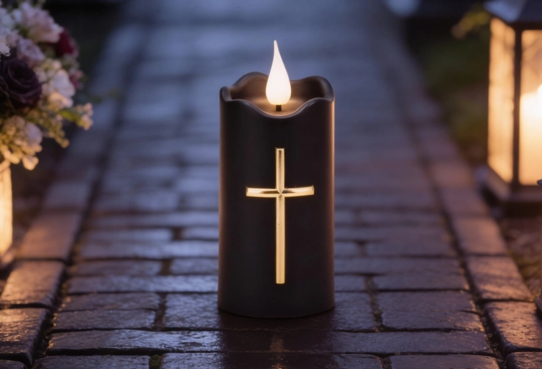 Lumânare LED 11,5 cm neagră cu cruce aurie