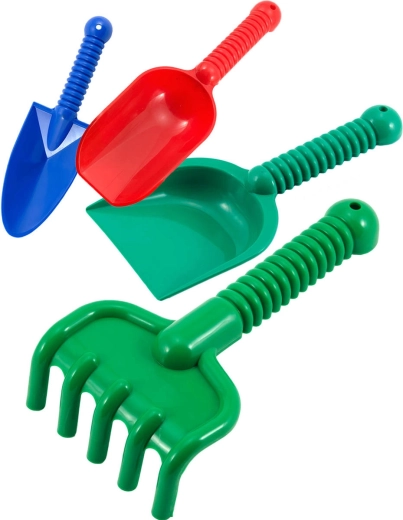 Lori set de unelte din plastic pentru nisip (2 lopeți, cazma și greblă)