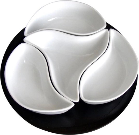 Set de boluri ceramice Vârtej pe platou rotativ din lemn, 4 buc