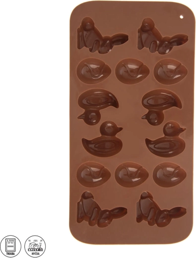 Formă din silicon de Paște – iepurași, rățuște și ouă, 14 bucăți, maro