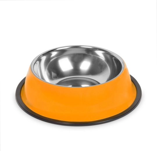 Bol din oțel inoxidabil pentru câini, cu inel antiderapant, 18 cm, portocaliu