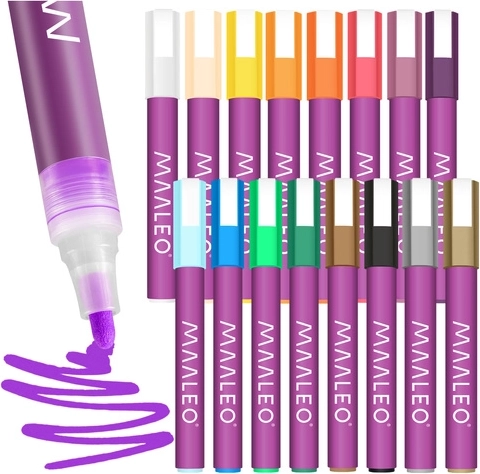 Markere acrilice MAALEO, set 16 culori, rezistente la apă 8 ml