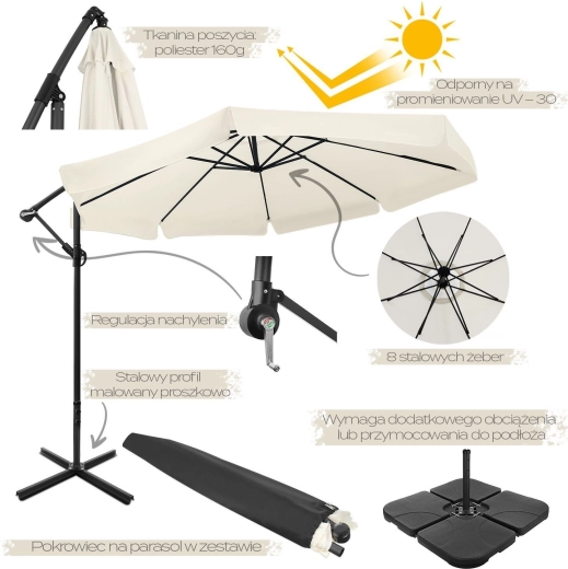 Umbrelă de grădină pliabilă XXL 350 cm cu volan, bej, cu 8 spițe, inclusiv husă impermeabilă