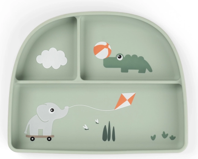 Done by Deer farfurie compartimentată cu ventuză Stick&Stay Playground, verde