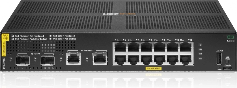 Aruba Networking CX 6000 switch gestionat 12× Gigabit PoE+ (Clasa 4) + 2× Gigabit + 2× SFP, 139 W (R8N89B)