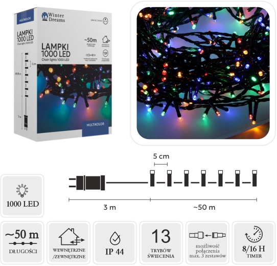 Lanț luminos LED de Crăciun 1000 diode multicolor 50 m, interior/exterior - 1 bucată