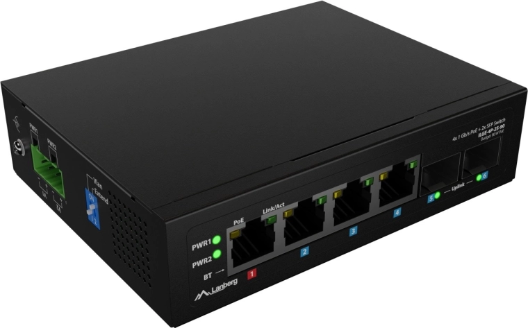 Switch PoE industrial ușor Lanberg pentru șină DIN 4× RJ45 + 2× SFP gigabit
