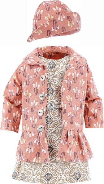 Hăinuțe pentru păpușă 48 cm – set paltonaș, rochiță și pălăriuță PETITCOLLIN