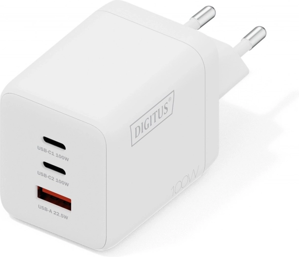 Încărcător USB GaN de perete 100 W, 2× USB‑C și 1× USB‑A, alb