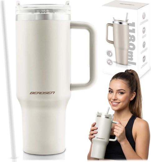Cană termică Berdsen cu pai 1180 ml crem