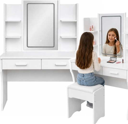 Măsuță de toaletă cosmetică cu oglindă LED, polițe și 2 sertare, albă 140 × 80 × 40 cm