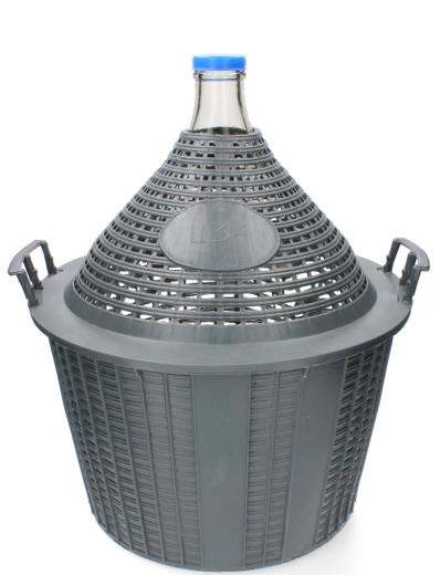 Damigeană din sticlă 34 l cu gât îngust și coș din plastic