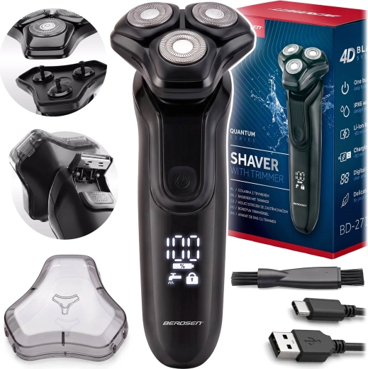 Aparat de ras electric rotativ Berdsen cu trimmer IPX6 și USB‑C