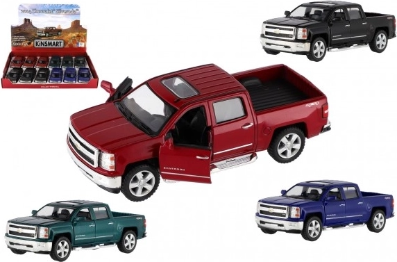 Model de mașinuță Kinsmart Chevrolet Silverado 2014 cu caroserie metalică, 1:46, 13 cm, mecanism pull-back, 4 culori