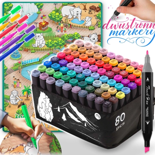 Set creativ: planșă de colorat 90 × 120 cm + 80 markere pe bază de alcool NUKIDO