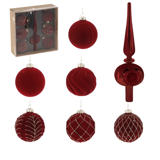 Set de 7 globuri de Crăciun din sticlă, culoare bordo