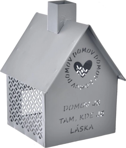 Căsuță metalică Domov – suport pentru lumânare tip pastilă, gri 15 cm