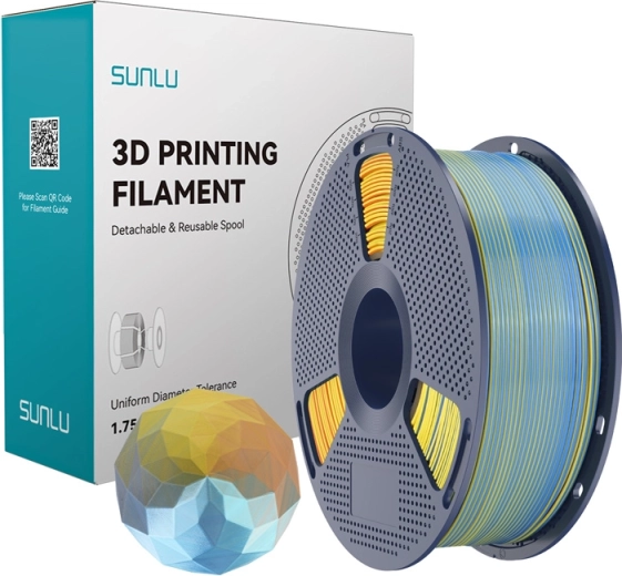 Sunlu PLA+ Silk filament în patru culori albastru–violet–portocaliu–galben