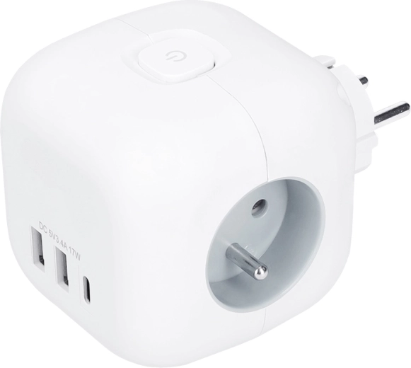 Multipriză Solight cub cu 3 prize 230 V + USB-A/USB-C, albă