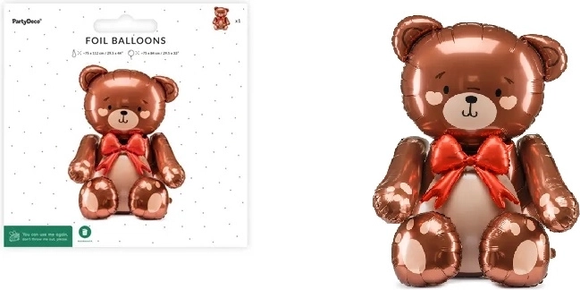 Balon din folie tip figură, cu suport – Ursuleț cu fundă roșie 75 × 84 cm