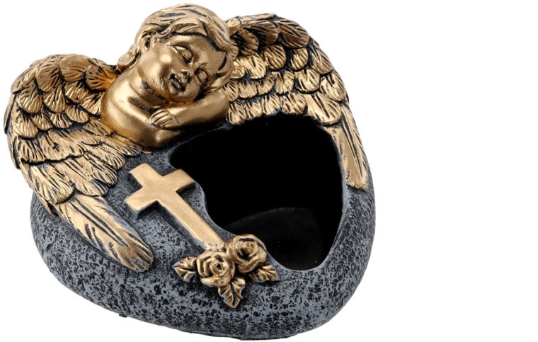 Ghiveci funerar din ciment cu înger, gri închis cu decorațiuni aurii 16 × 17,5 × 11 cm
