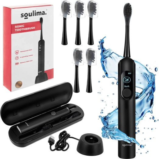 Periuță de dinți electrică sonică Soulima X800 neagră, cu încărcare inductivă și 6 capete