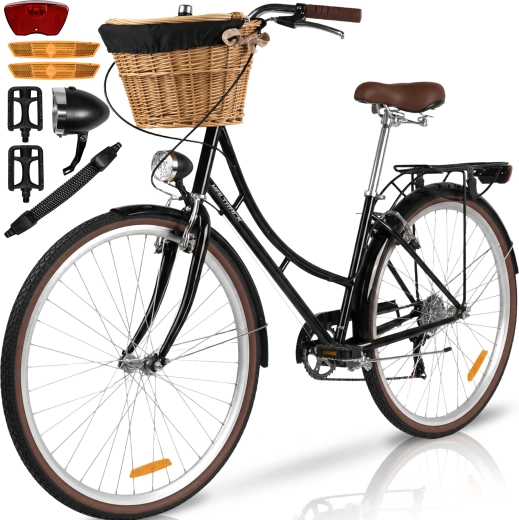 Bicicletă de oraș pentru femei AVILO neagră cu coș - 1 bucată
