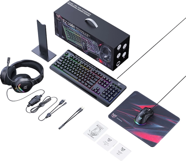 Set de gaming Onikuma 5 în 1 (tastatură, mouse, căști cu microfon, mousepad, suport)
